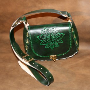 Bag - Aphrodite Style - Antique Green Hand-Tooled Leather Laced Shoulder Bag (Green Man Design)